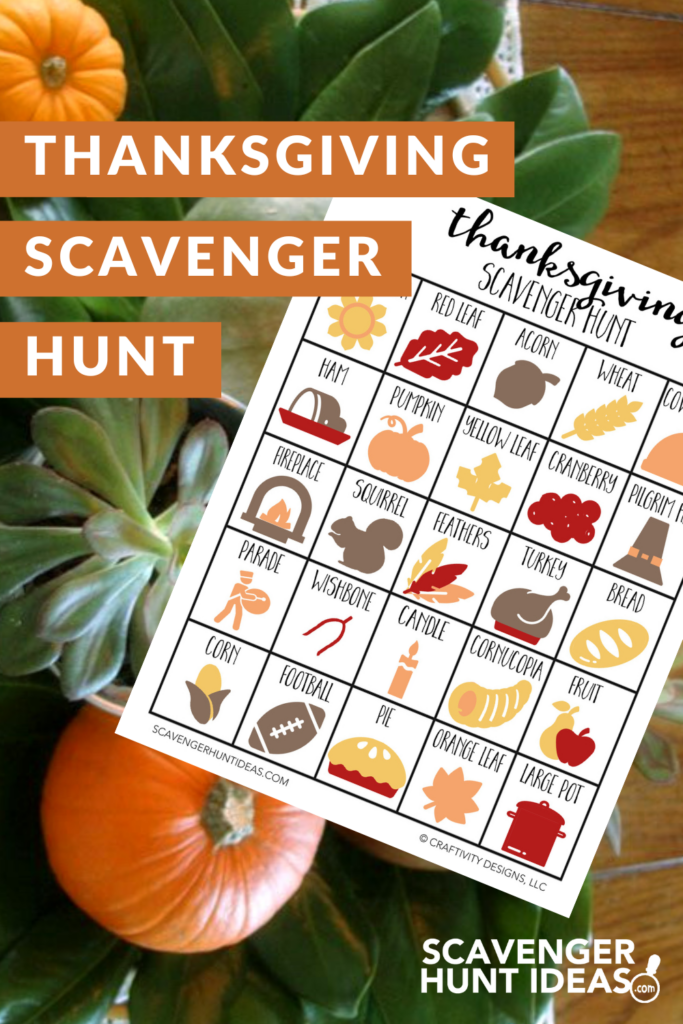 Thanksgiving Scavenger Hunt featuring a turkey, pie, leaves, acorns, pumpkins, and more!