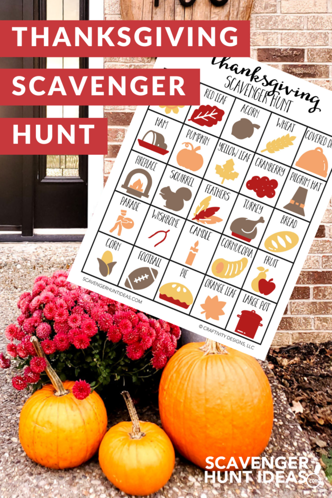 Thanksgiving Scavenger Hunt featuring a turkey, pie, leaves, acorns, pumpkins, and more!
