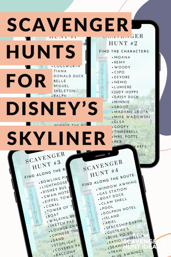4 cell phones with disney skyliner scavenger hunts | text: scavenger hunts for disney's skyliner